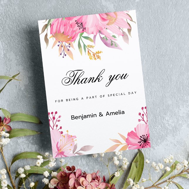 Botanisch-rosa-orangefarbene Blume Danke Einladung (Botanic pink orange watercolor flowers Thank You )