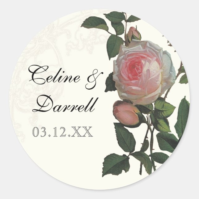 Botanisch rosa Rose, Schwarz-Hochzeitsticker oder  Runder Aufkleber (Vorderseite)