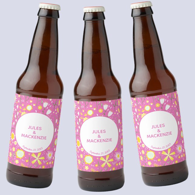 Botanisch rosa Wildblume Blumenmuster Hochzeit Bierflaschenetikett (Pink floral wedding personalized beer bottle labels)