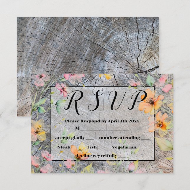 Botanisch-rosa Wildblumen aus Barnholz RSVP Karte (Vorne/Hinten)