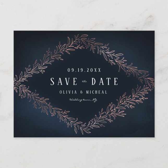 Botanisch Save the Date aus Goldgold der Navy-Rose Ankündigungspostkarte (Vorderseite)