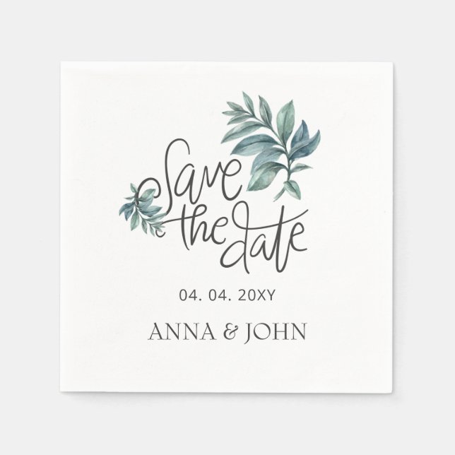Botanisch Save the Date handgeschriebene Wasserfar Serviette (Vorderseite)