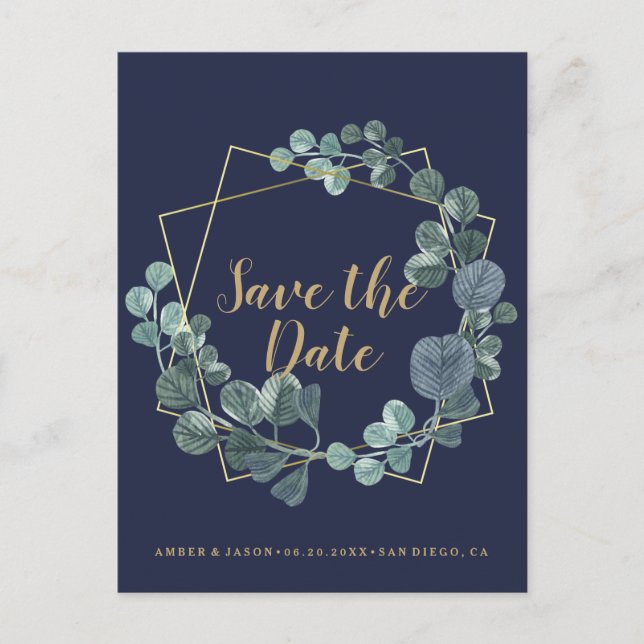Botanisch Save the Date Navy- und Goldterrarium Postkarte (Vorderseite)
