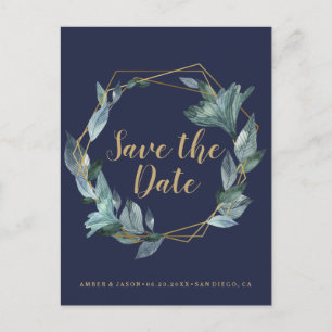 Botanisch Save the Date Navy- und Goldterrarium Postkarte