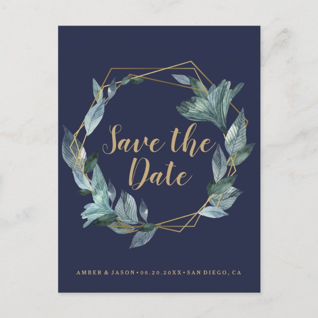 Botanisch Save the Date Navy- und Goldterrarium Postkarte (Vorderseite)
