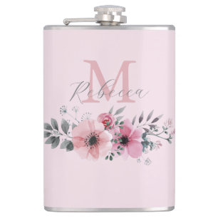 Botanisch schicker rosa Wasserfarben-Blumenstil  Flachmann