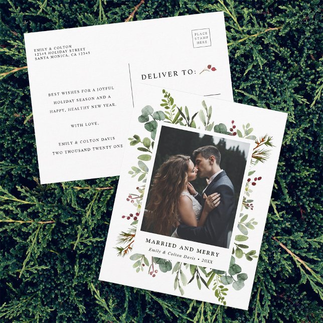 Botanisch Verheiratet & Merry New Foto Holiday Postkarte (Front & Back)