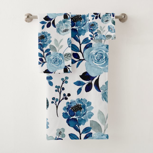 Botanisch-wasserfarbene Navy Badhandtuch Set (Insitu)