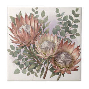 Botanische Anordnung aus rosa Protea und Eukalyptu Fliese