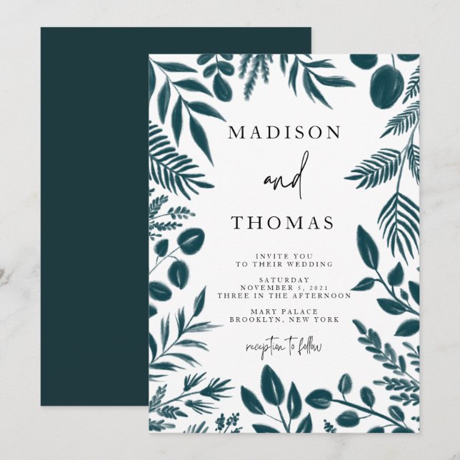 Botanische Aquamarine Hochzeit Einladung (Vorne/Hinten)