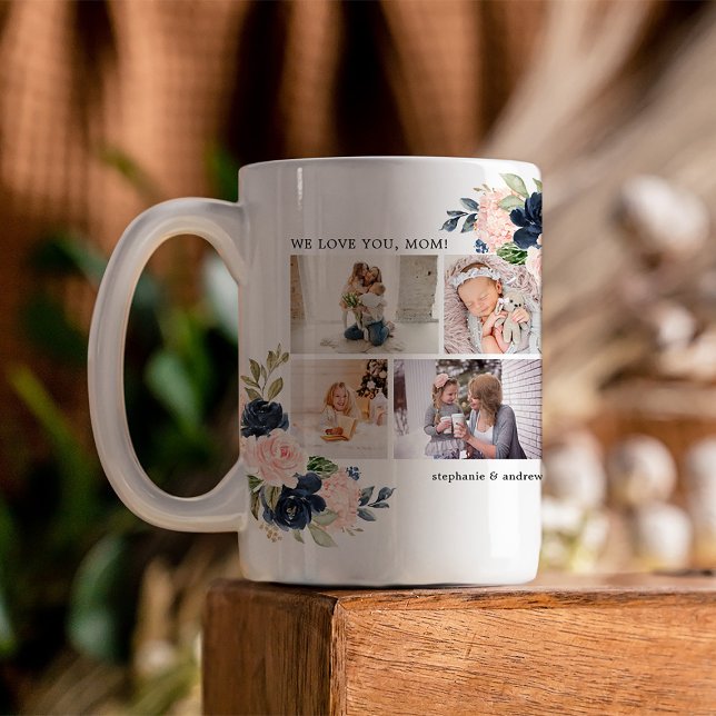 Botanische Aquarellbilder Kaffeetasse (Presenting a custom-crafted Mother's Day mug with watercolor florals around a photo collage)