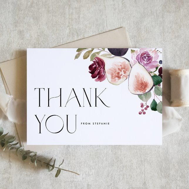 Botanische Aquarellbilder und Burgunder-Blume Dankeskarte (Botanical thank you card featuring watercolor figs, berries and burgundy flowers. For fall events.)