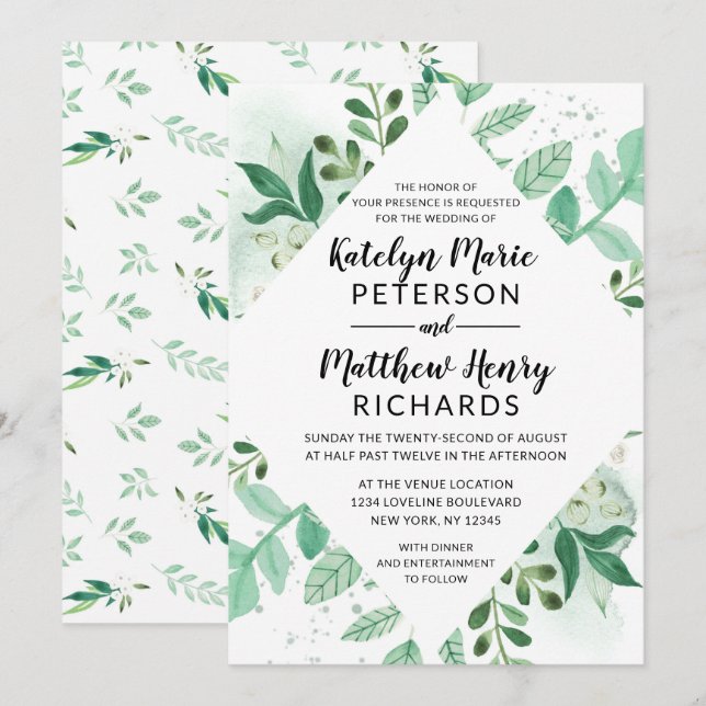 Botanische Aquarellblütenhochzeit aus frischen Blä Einladung (Vorne/Hinten)