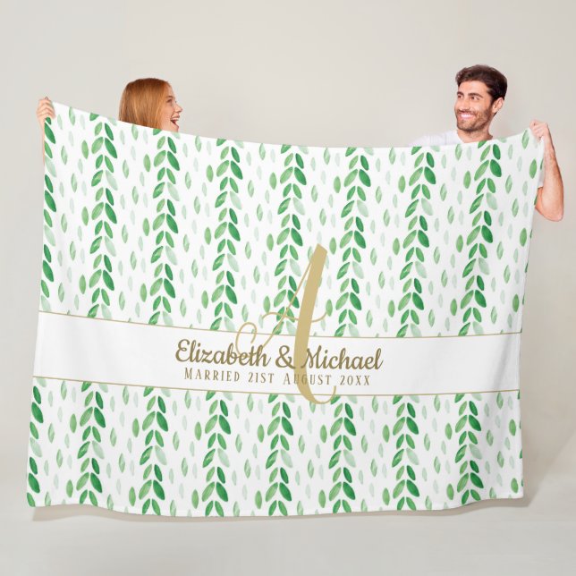 Botanische Aquarellen-Grüne Weddin Gold Monogram Fleecedecke (Beispiel)