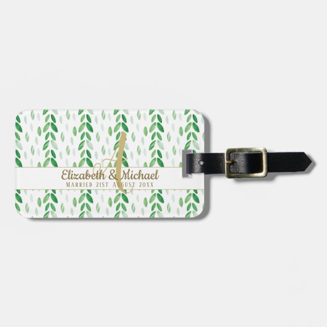 Botanische Aquarellen-Grüne Weddin Gold Monogram Gepäckanhänger (Vorderseite horizontal)