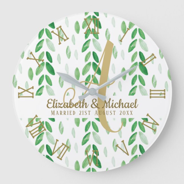Botanische Aquarellen-Grüne Weddin Gold Monogram Große Wanduhr (Vorderseite)
