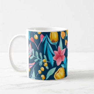 Botanische Aquarellfarbe: Blume, Blätter verzieren Kaffeetasse