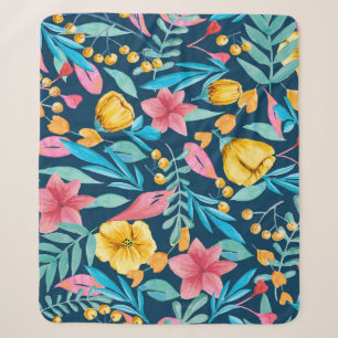 Botanische Aquarellfarbe: Blume, Blätter verzieren Sherpadecke