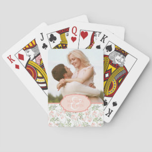 Botanische Aquarellfarbe Grün/Rosa - Foto Hochzeit Spielkarten