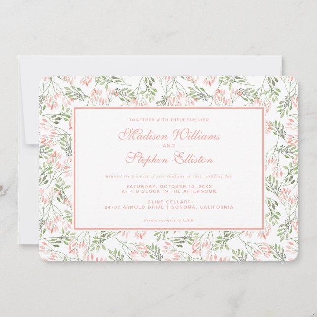 Botanische Aquarellfarbe Grün/Rosa - Hochzeit Einladung (Vorderseite)