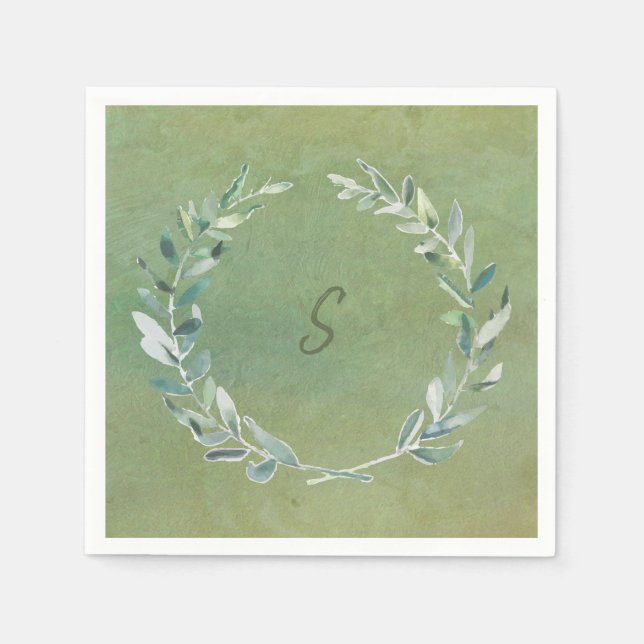 Botanische Aquarellfarben Blätter grün mit Monogra Serviette (Vorderseite)