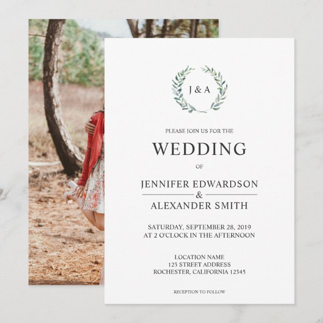 Botanische Aquarellfarben Blätter Monogramm Foto H Einladung (Vorne/Hinten)