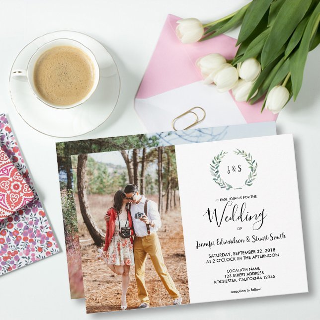 Botanische Aquarellfarben Blätter Monogramm Foto H Einladung (Botanical watercolor leaves, monogrammed, photo wedding invitation.)