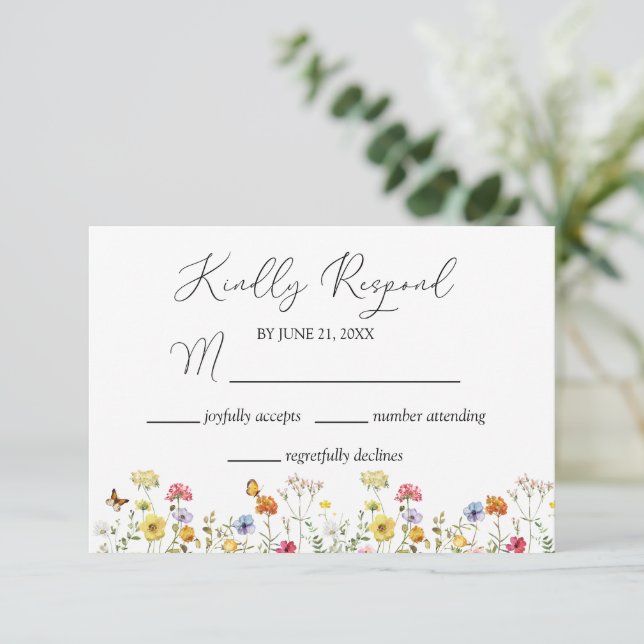 Botanische Aquarellfische Wildblume & Schmetterlin RSVP Karte (Stehend Vorderseite)
