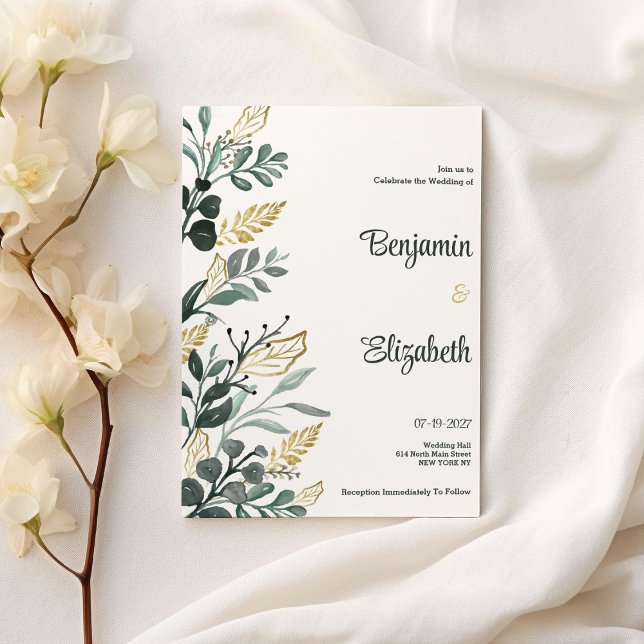 Botanische Aquarellgoldgrün Hochzeit Einladung (Botanical watercolor green gold greenery Wedding )