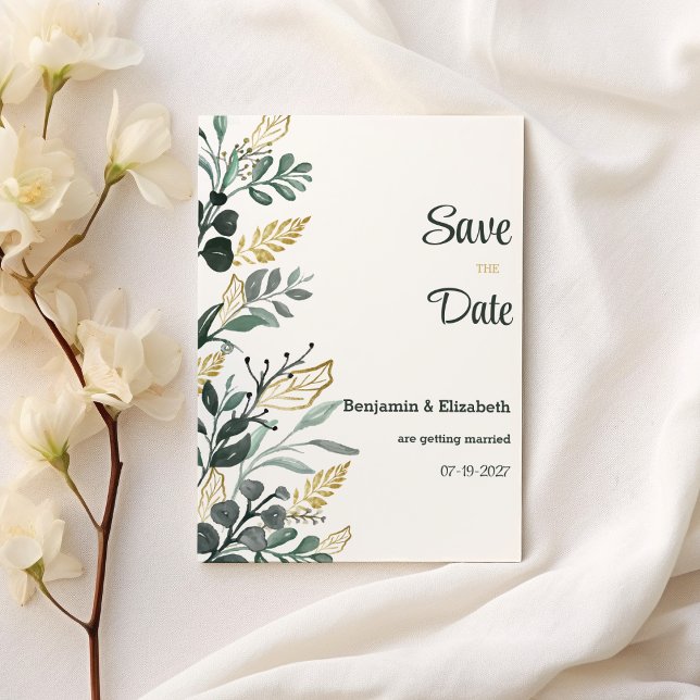 Botanische Aquarellgoldgrün Save the Date Einladung (Botanical watercolor gold greenery Save the Date)