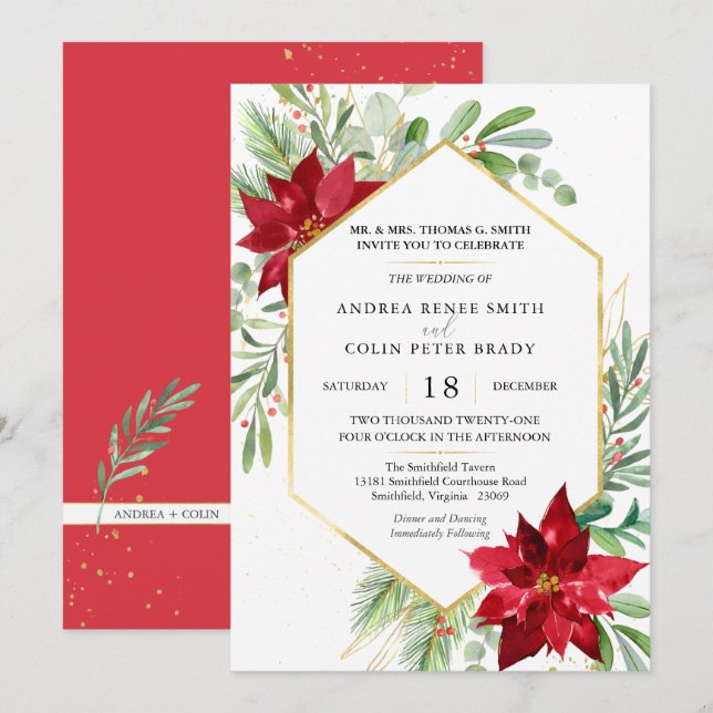 Botanische Aquarellkirche Weihnachten Hochzeit in Einladung (Vorne/Hinten)