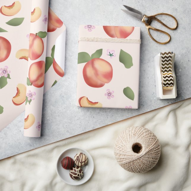 Botanische Aquarellpfirsiche & Blüten Geschenkpapier (Kunsthandwerk)