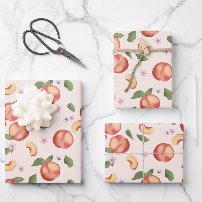 Botanische Aquarellpfirsiche & Blüten Geschenkpapier Set (Vorderseite)