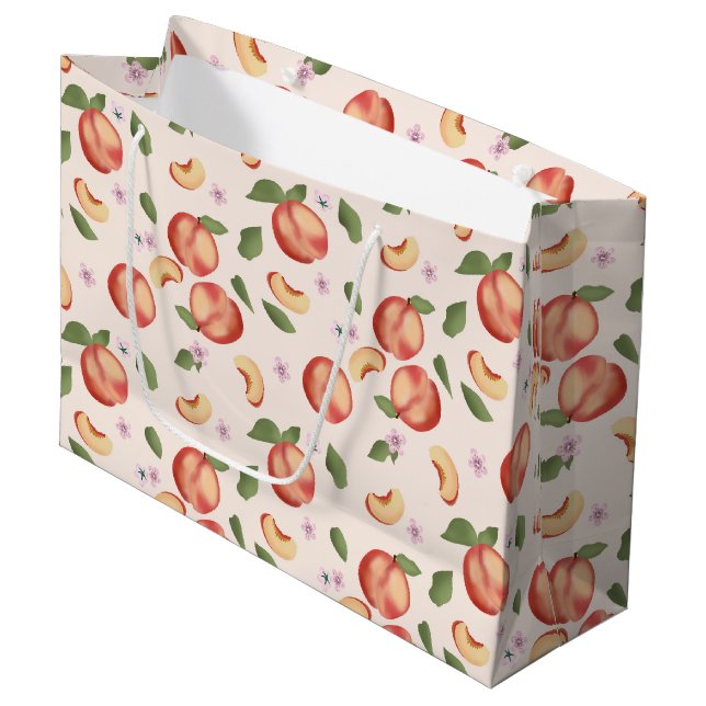 Botanische Aquarellpfirsiche & Blüten Große Geschenktüte (Vorderseite Schrägansicht)