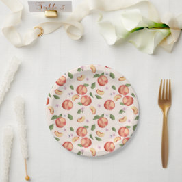 Botanische Aquarellpfirsiche & Blüten Pappteller