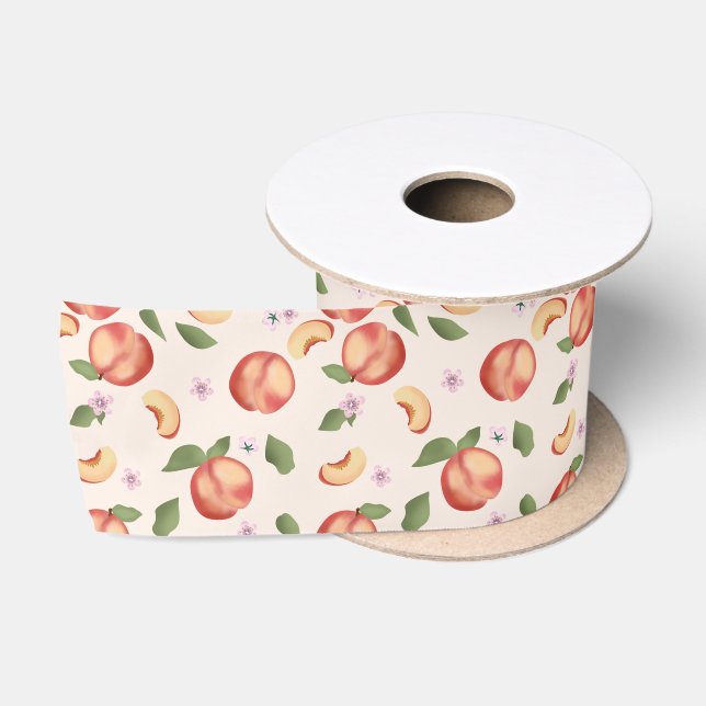 Botanische Aquarellpfirsiche & Blüten Satinband (Spule)