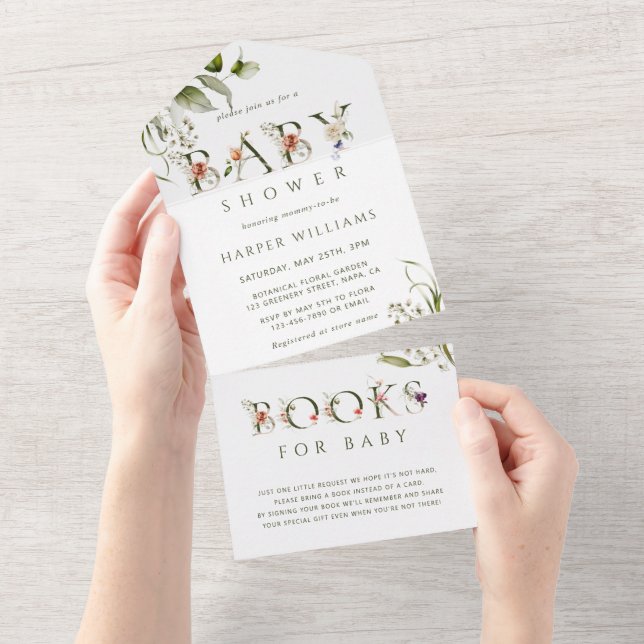 Botanische Babydusche | Bücher für Baby All In One Einladung (Abreißen)