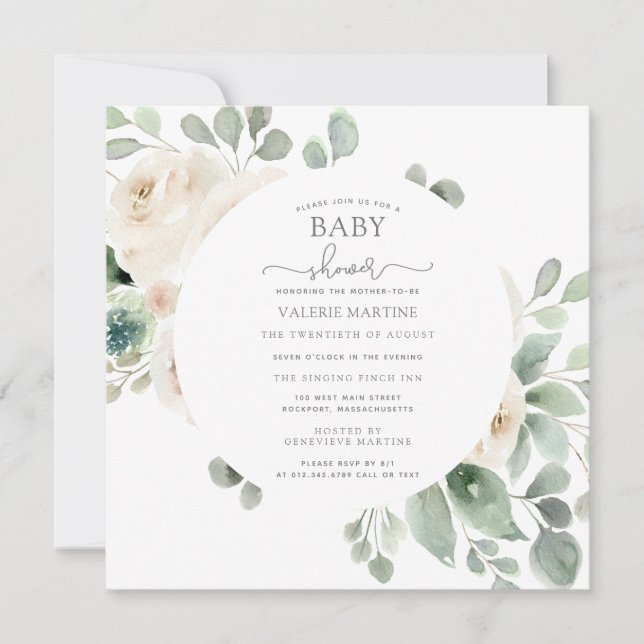 Botanische Babydusche mit weißer Rose Einladung (Vorderseite)