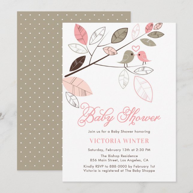 Botanische Babydusche niedlich, rosa und graue Vög Einladung (Vorne/Hinten)