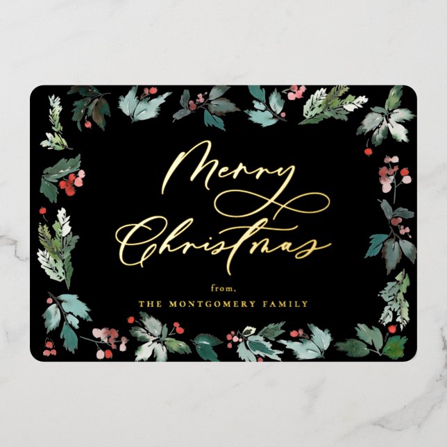Botanische Berry Frame Weihnachtsschrift Folien Feiertagskarte (Vorderseite)