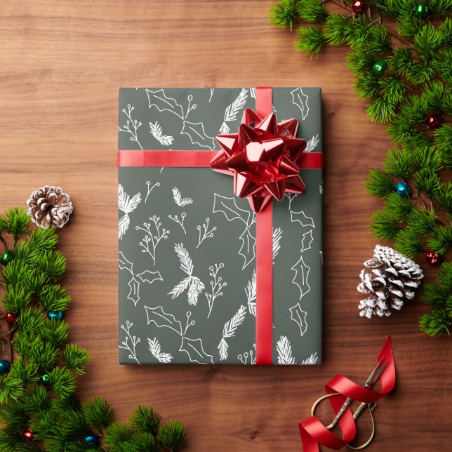 Botanische Berry Pine Weihnachten Blätter Grün Geschenkpapier (Feiertagsgeschenk)