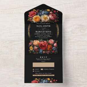 Botanische Black Floral Moody Vintage Hochzeit All In One Einladung