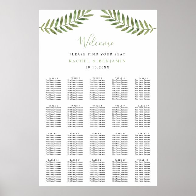Botanische Blätter Aquarellfarben Hochzeitskarte Poster (Vorne)