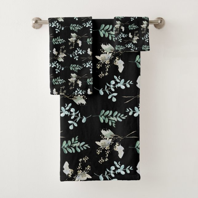 Botanische Blätter aus Schwarz und Grün Badhandtuch Set (Insitu)