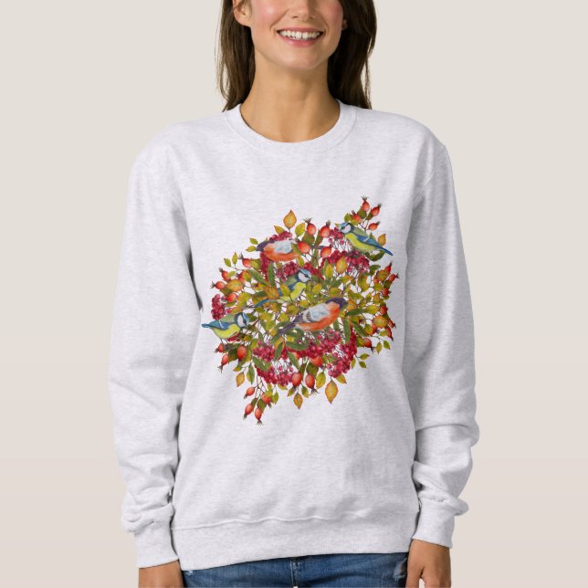 Botanische Blätter Beeren und Vögel Herbst Sweatshirt (Vorderseite)