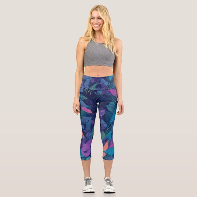 Botanische Blätter der Moderne Farbflora Muster Capri Leggings (Vorderseite)