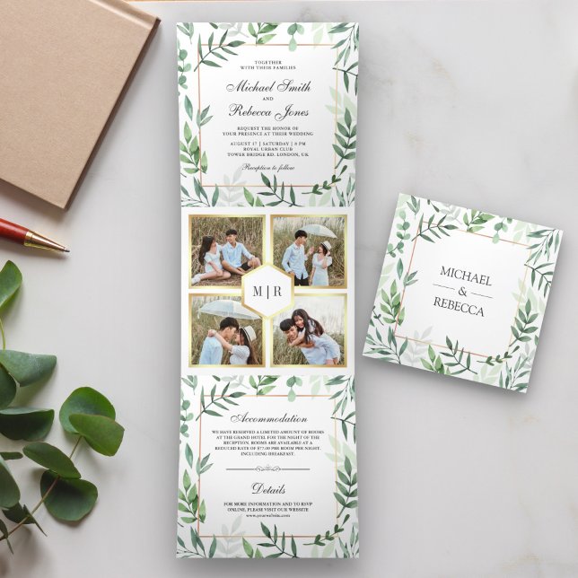 Botanische Blätter Foto Collage Grüne Hochzeit Dreifach Gefaltete Einladung (Von Creator hochgeladen)