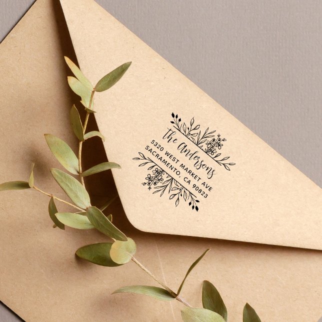 Botanische Blätter Frame Familienname Rücksendeadr Gummistempel (Von Creator hochgeladen)