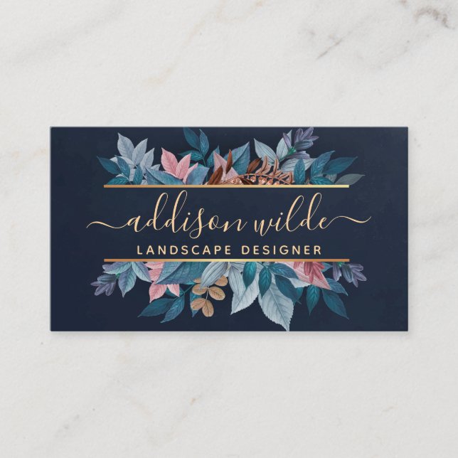 Botanische Blätter für Navy Gold Chic Visitenkarte (Vorderseite)