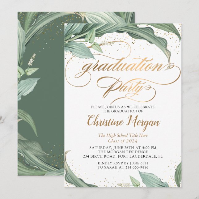 Botanische Blätter Gold-Script-Graduierungspartei Einladung (Vorne/Hinten)